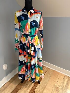 Boden Multicolor Abstract Print Long-Sleeve Shirt Dress-size 8L